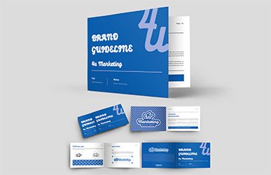 Brand guidelines booklet displaying 4u Marketing’s logo, color palette, and typography.