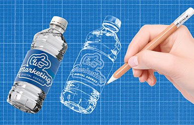 Blueprint-style pencil sketch and rendered 3D water bottle commercial showing a 4u Marketing label.