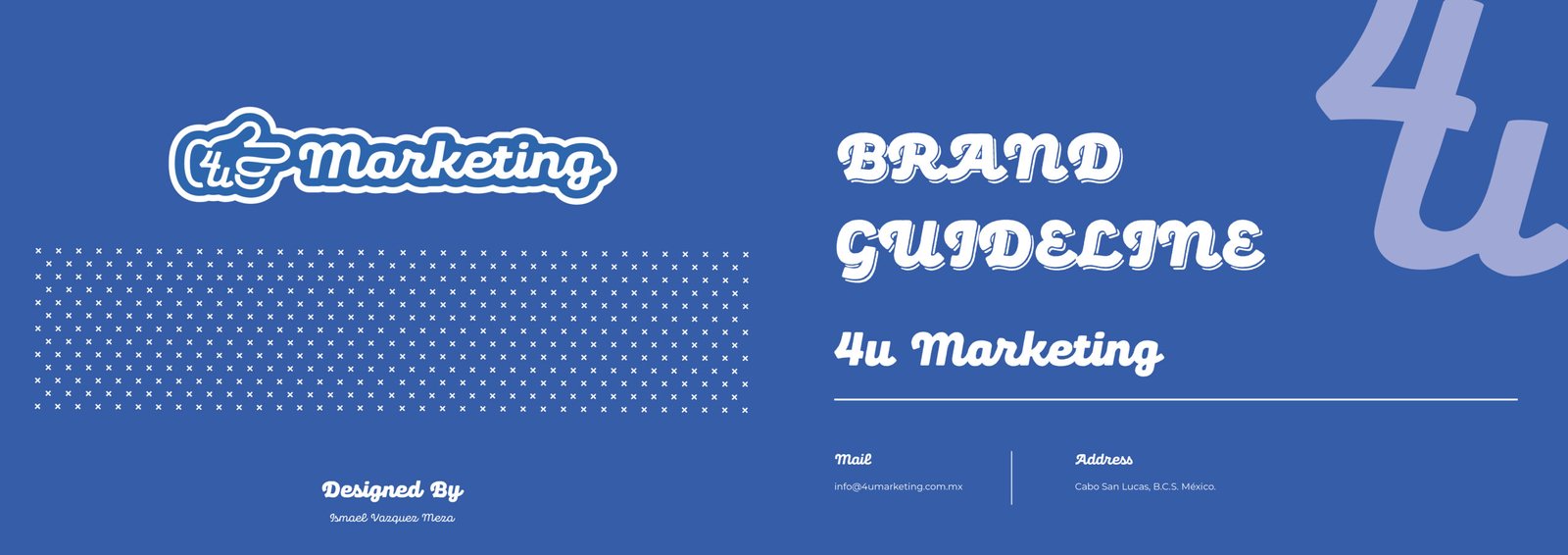 Brand identity cover showing 4u Marketing’s logo, brand color grid, and “Brand Guideline” title.